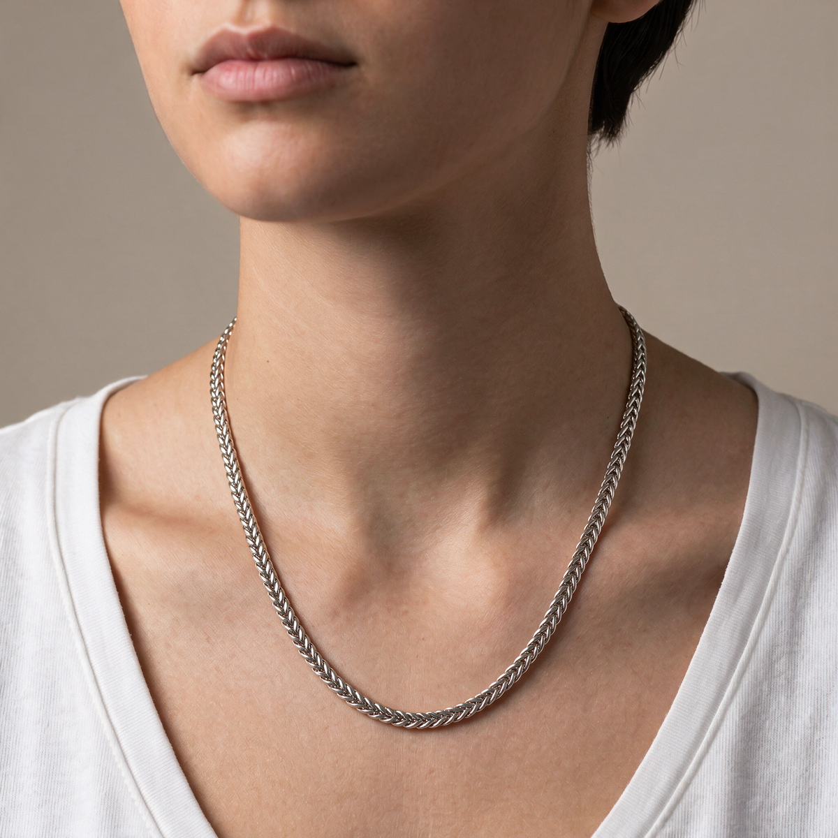 Stainless Steel Franco Chain Necklace - 20in length worn by model