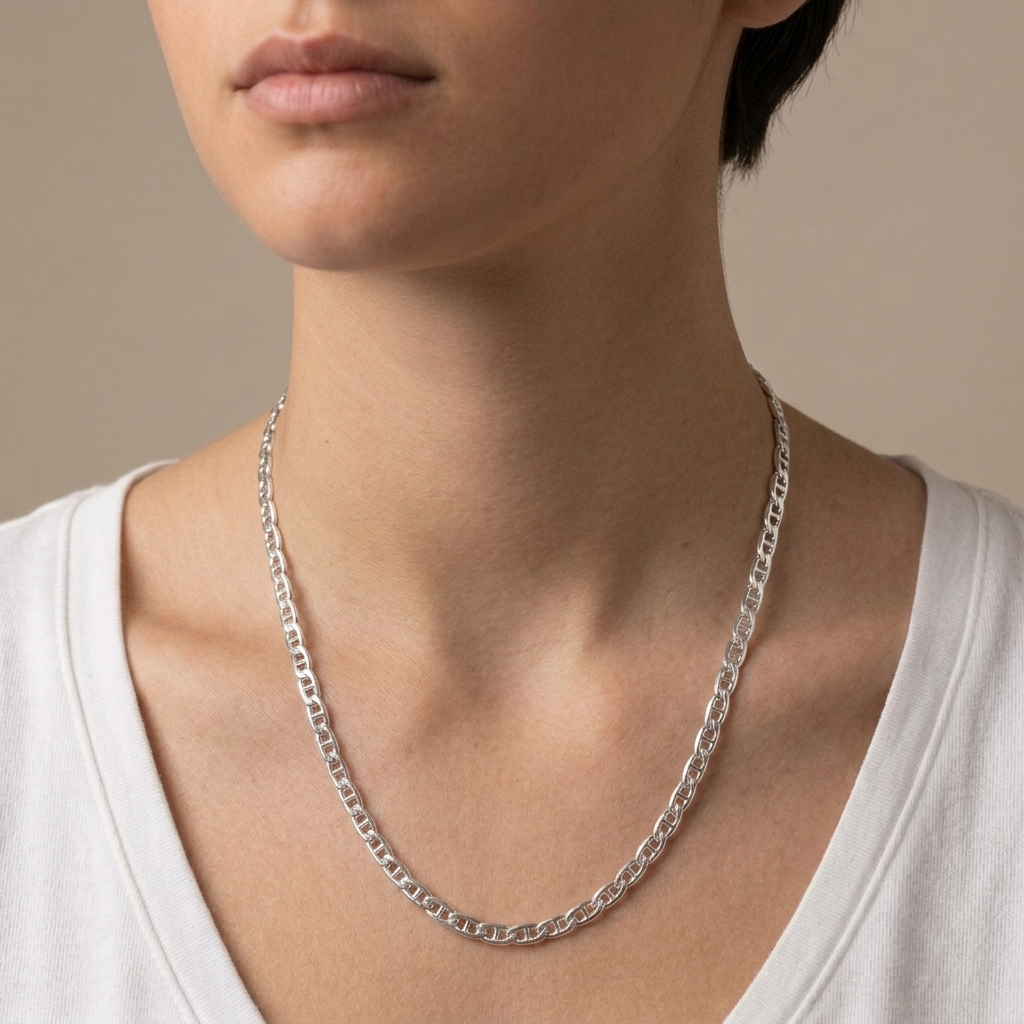 Sterling Silver Mariner Chain Necklace - 24in length worn by model