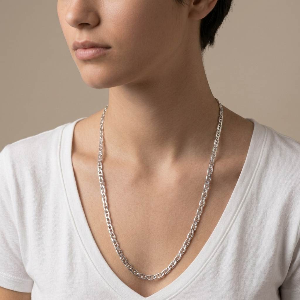 Sterling Silver Mariner Chain Necklace - 26in length worn by model