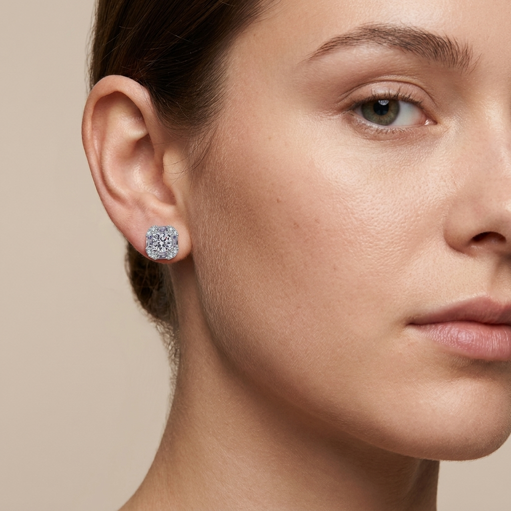 Moissanite Square Halo Stud Earrings worn by model