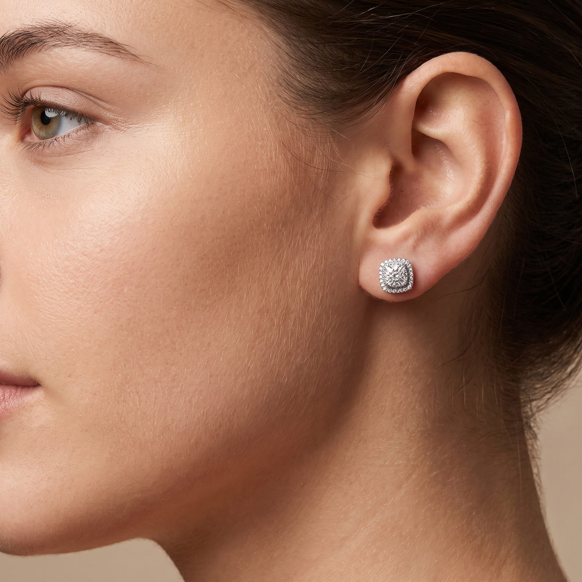 Moissanite Cushion Halo Stud Earrings worn by model