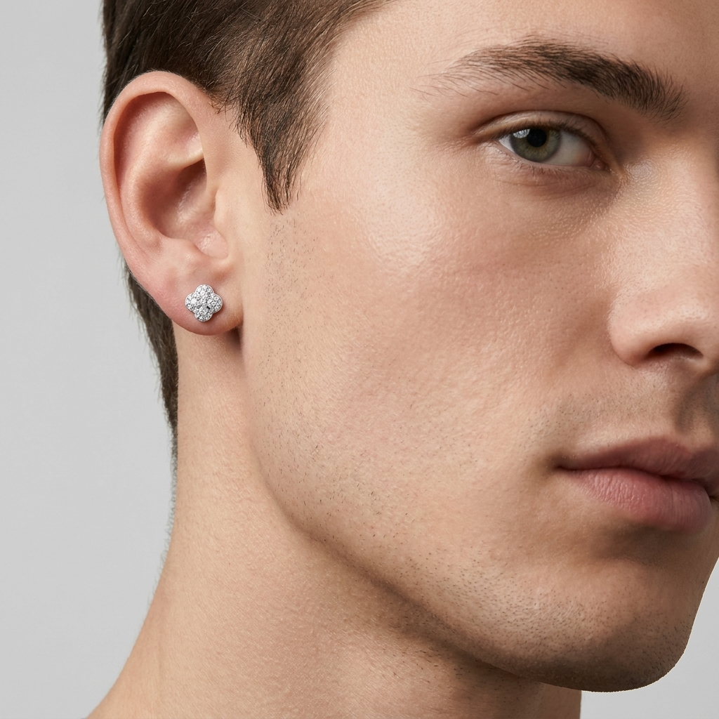 Moissanite Clover Stud Earrings worn by model