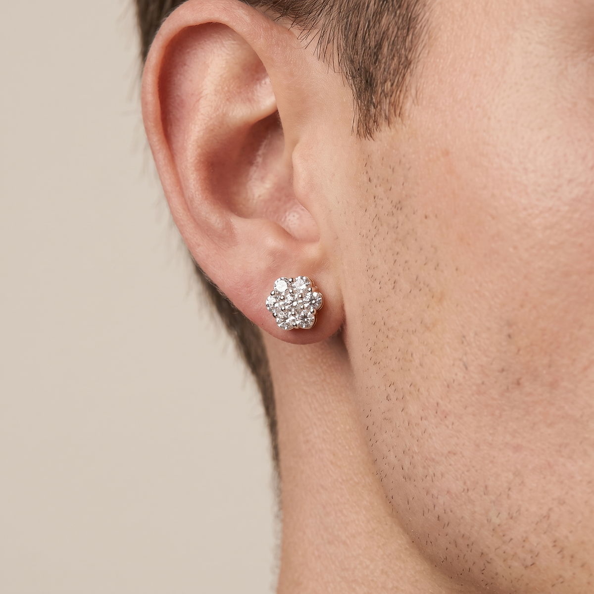 Moissanite Flower Cluster Stud Earrings 7.5mm - Silver worn by male model