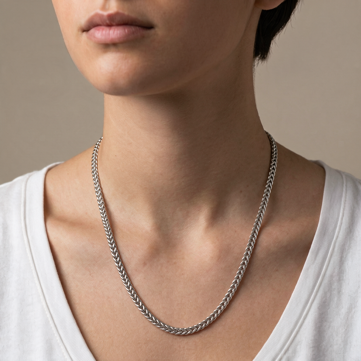 Stainless Steel Franco Chain Necklace - 22in length worn by model