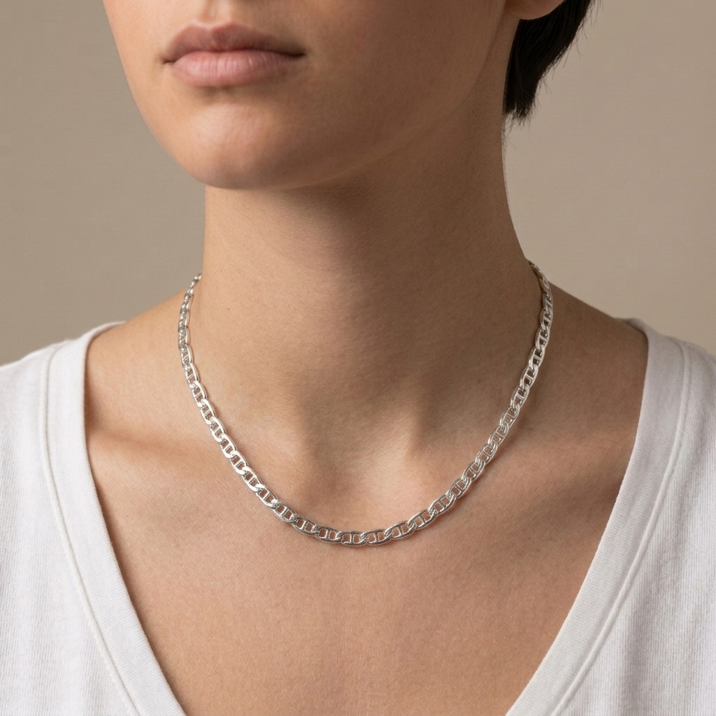 Sterling Silver Mariner Chain Necklace - 18in length worn by model