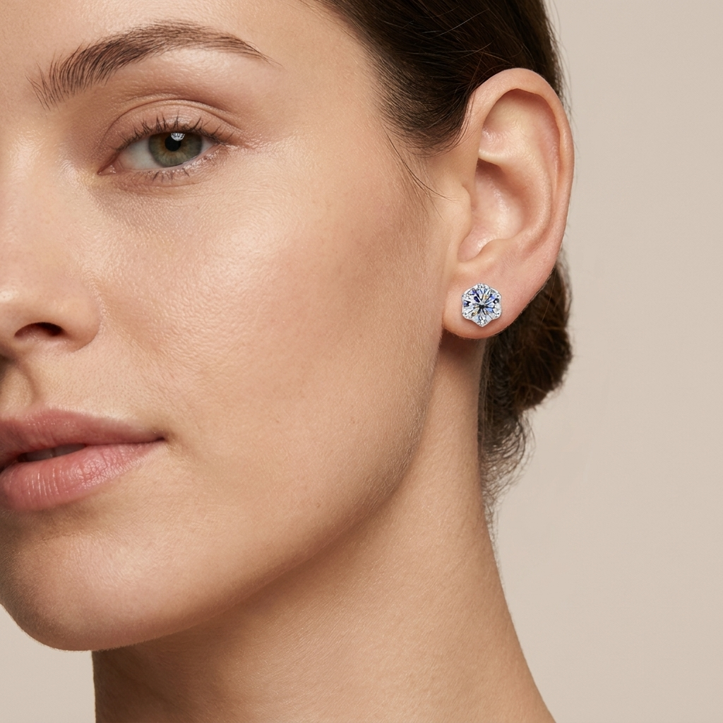 Moissanite Claw-Set Stud Earrings worn by model