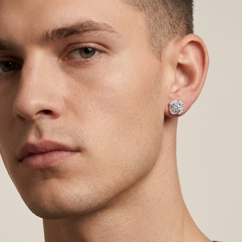 Moissanite Square Halo Stud Earrings worn by model
