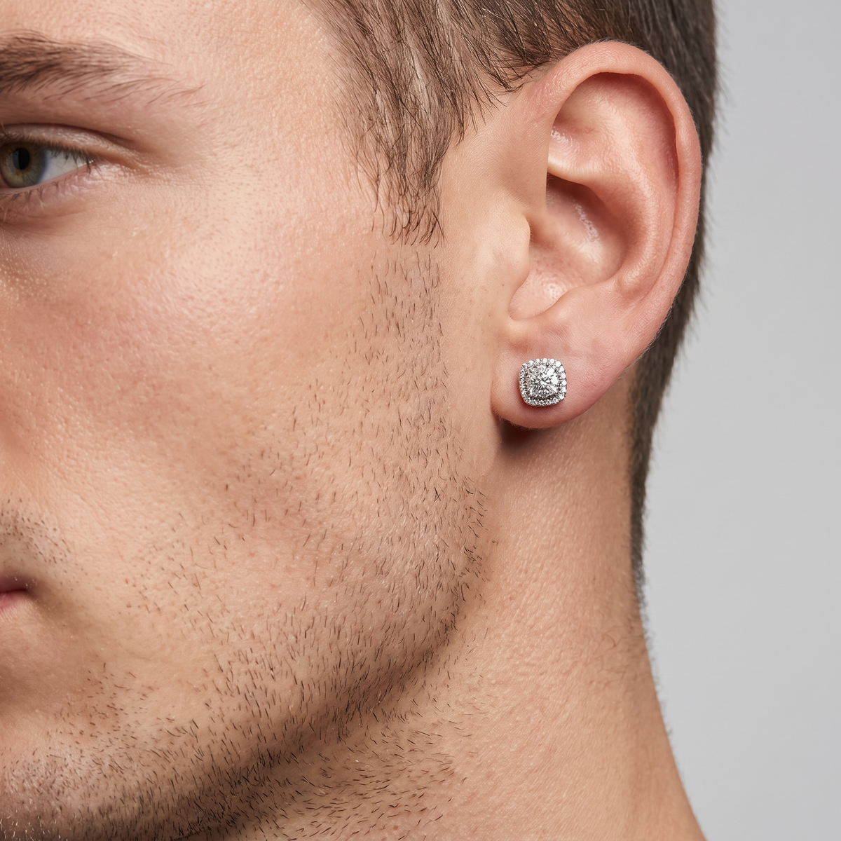 Moissanite Cushion Halo Stud Earrings worn by model