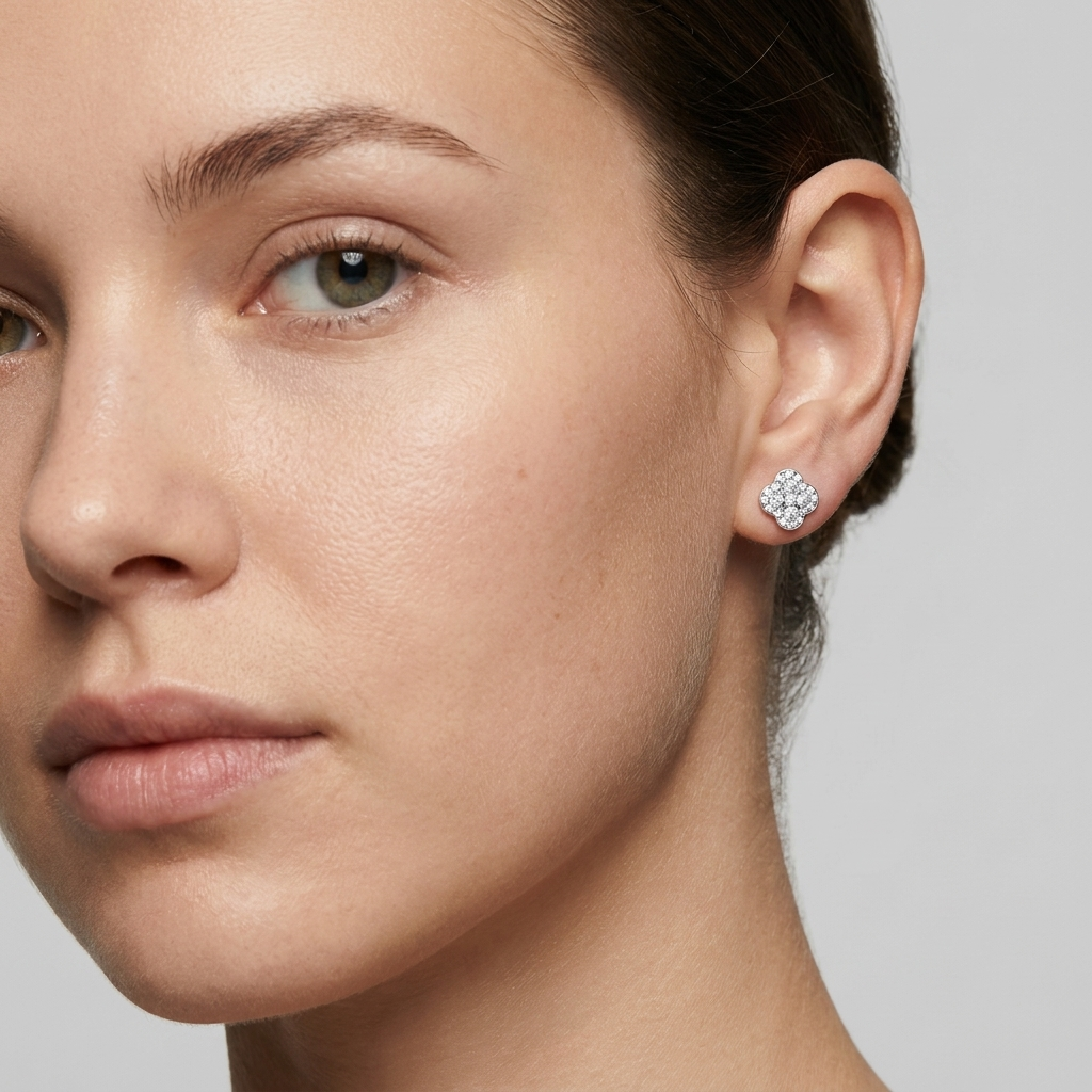 Moissanite Clover Stud Earrings worn by model