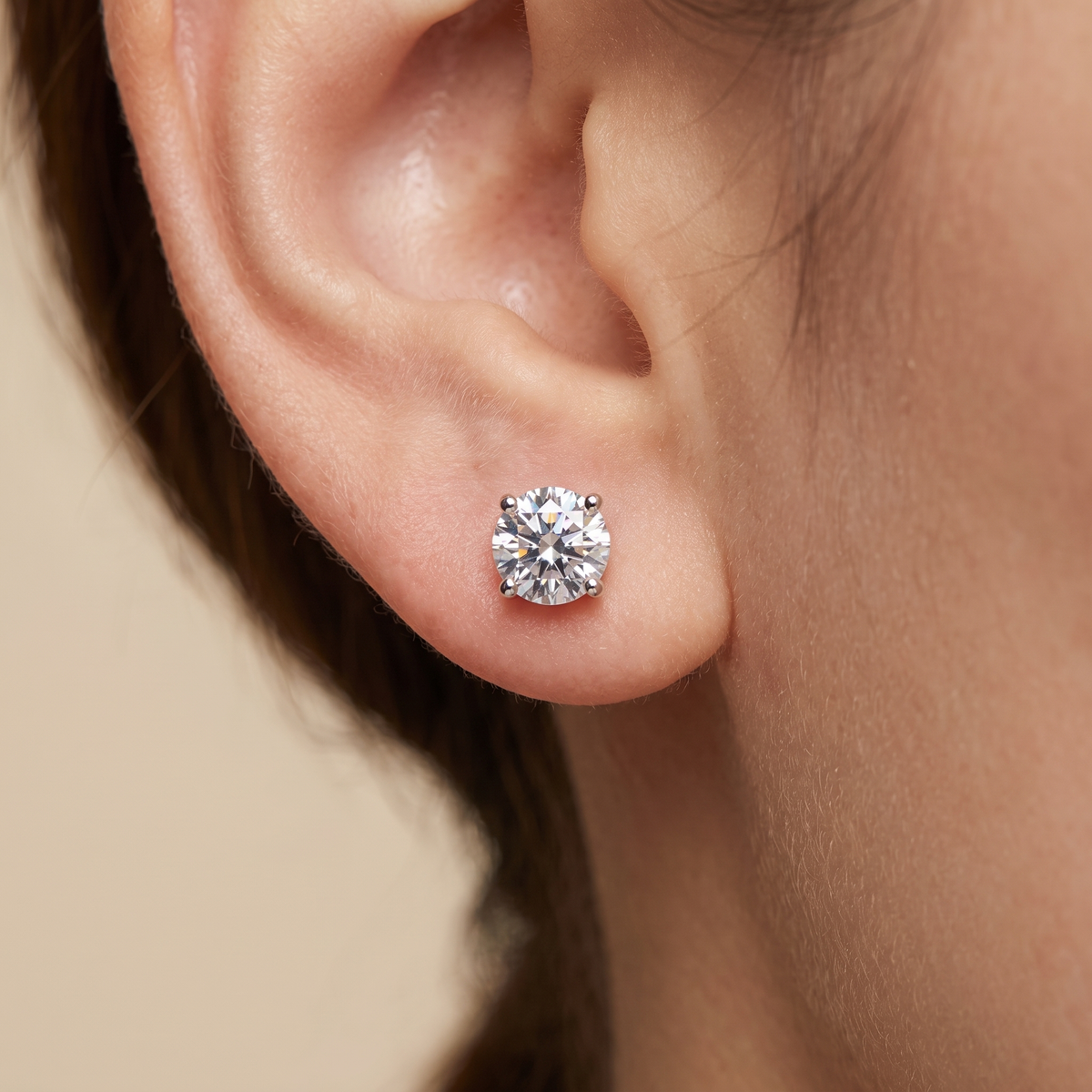 Moissanite Screw Back Stud Earrings 4mm worn by model