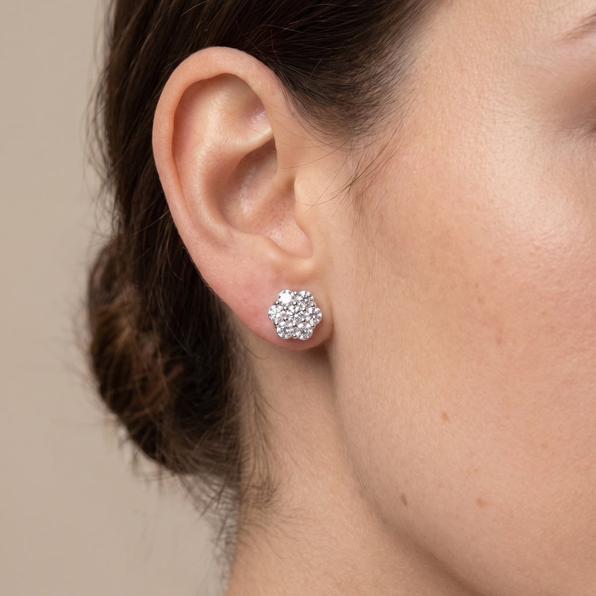 Moissanite Flower Cluster Stud Earrings 6mm - Silver worn by female model
