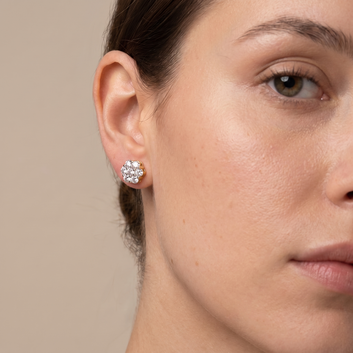 Moissanite Flower Cluster Stud Earrings 7.5mm - Gold worn by female model