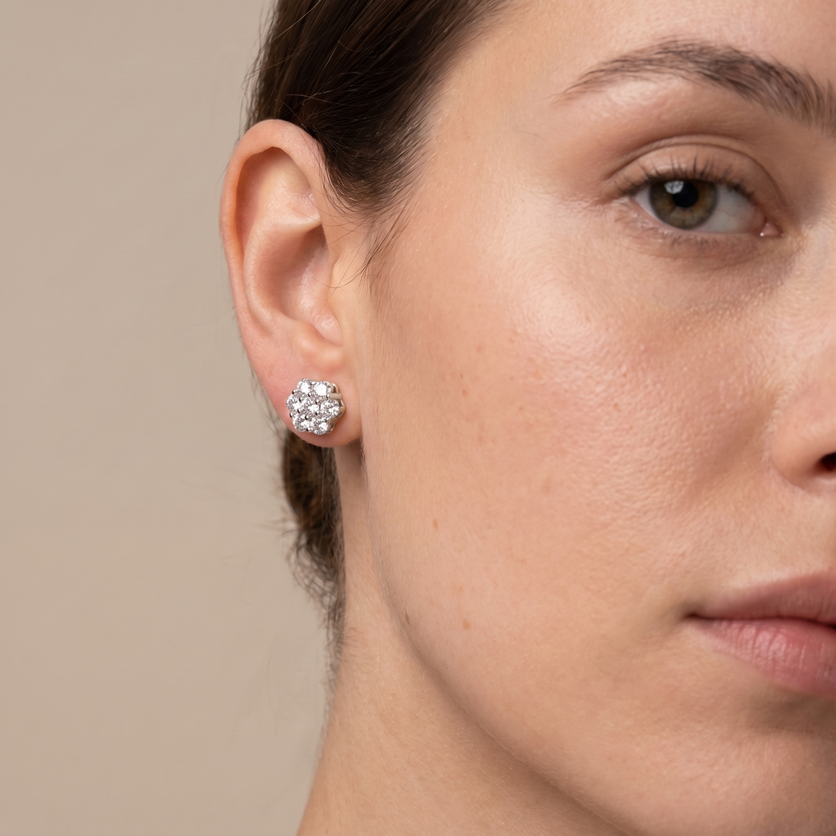 Moissanite Flower Cluster Stud Earrings 7.5mm - Silver worn by female model