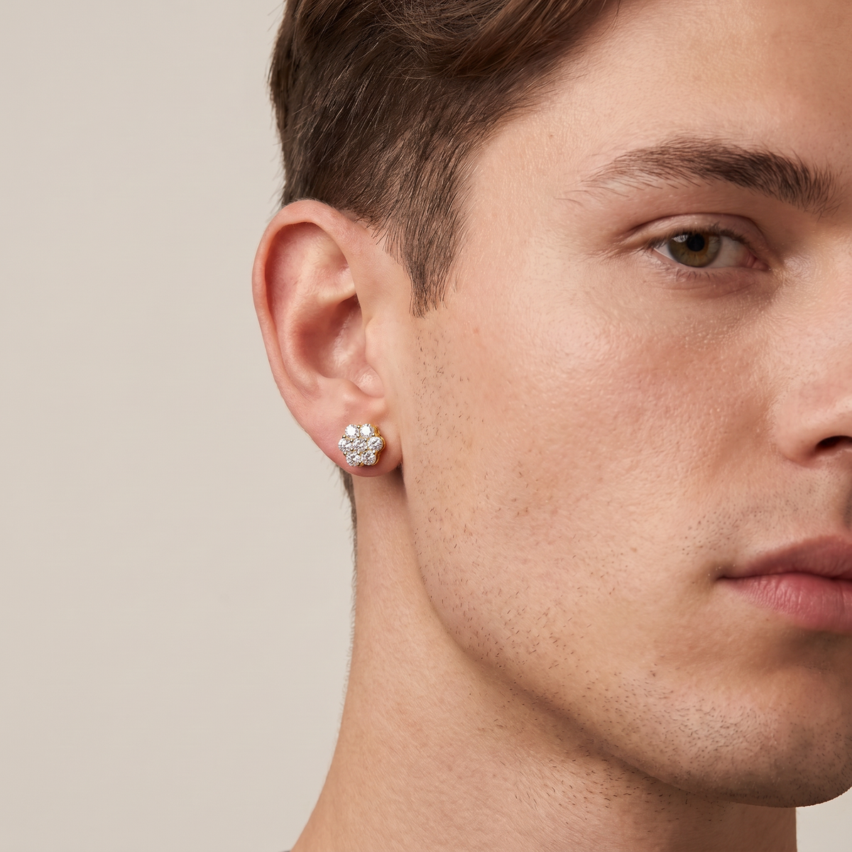 Moissanite Flower Cluster Stud Earrings 7.5mm - Gold worn by male model