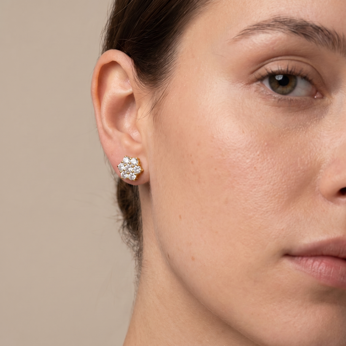 Moissanite Flower Cluster Stud Earrings 9mm - Gold worn by female model